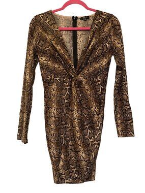 Privy Snakeskin Print Glitter Mini Dress V-Neck Knot Detail Long Sleeve Stretchy
